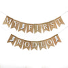 A burlap banner with the words "My First Rodeo" written on it, featuring a pair of white cowboy boots as part of the design.
