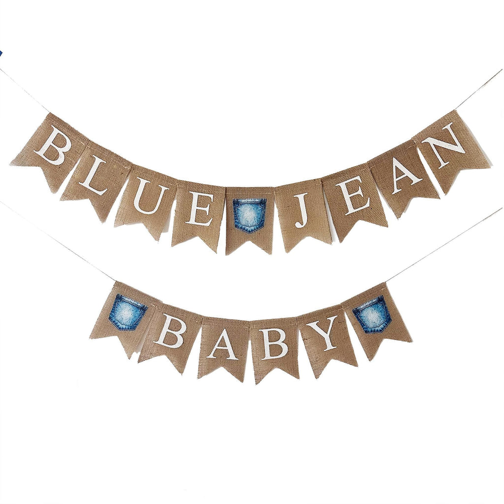 A banner with the text "BLUE JEAN BABY" displayed on it, with the letters "BLUE" and "JEAN" being larger and more prominent than the "B" and "A".