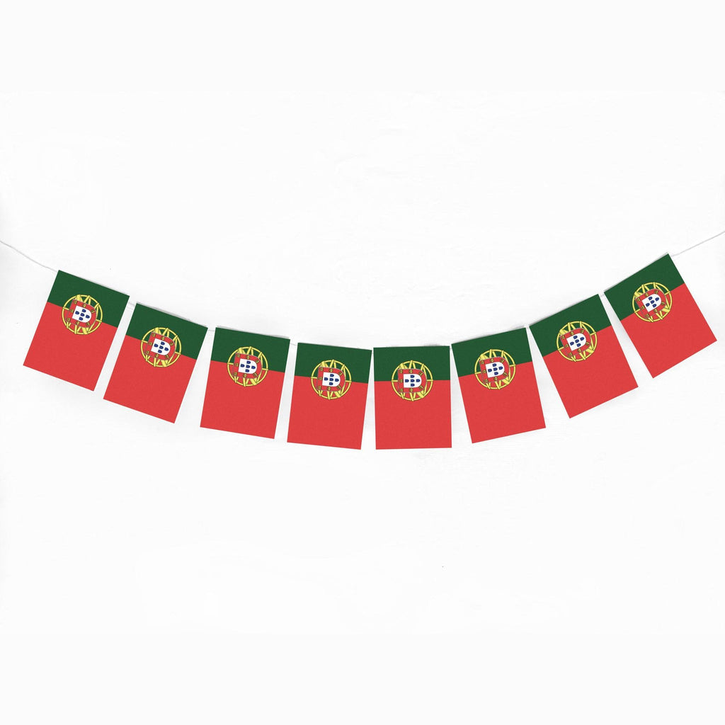 A row of seven small flags, each featuring a red and green color scheme and a circular emblem, hanging against a white background.