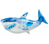 A blue and white inflatable balloon in the shape of a shark.