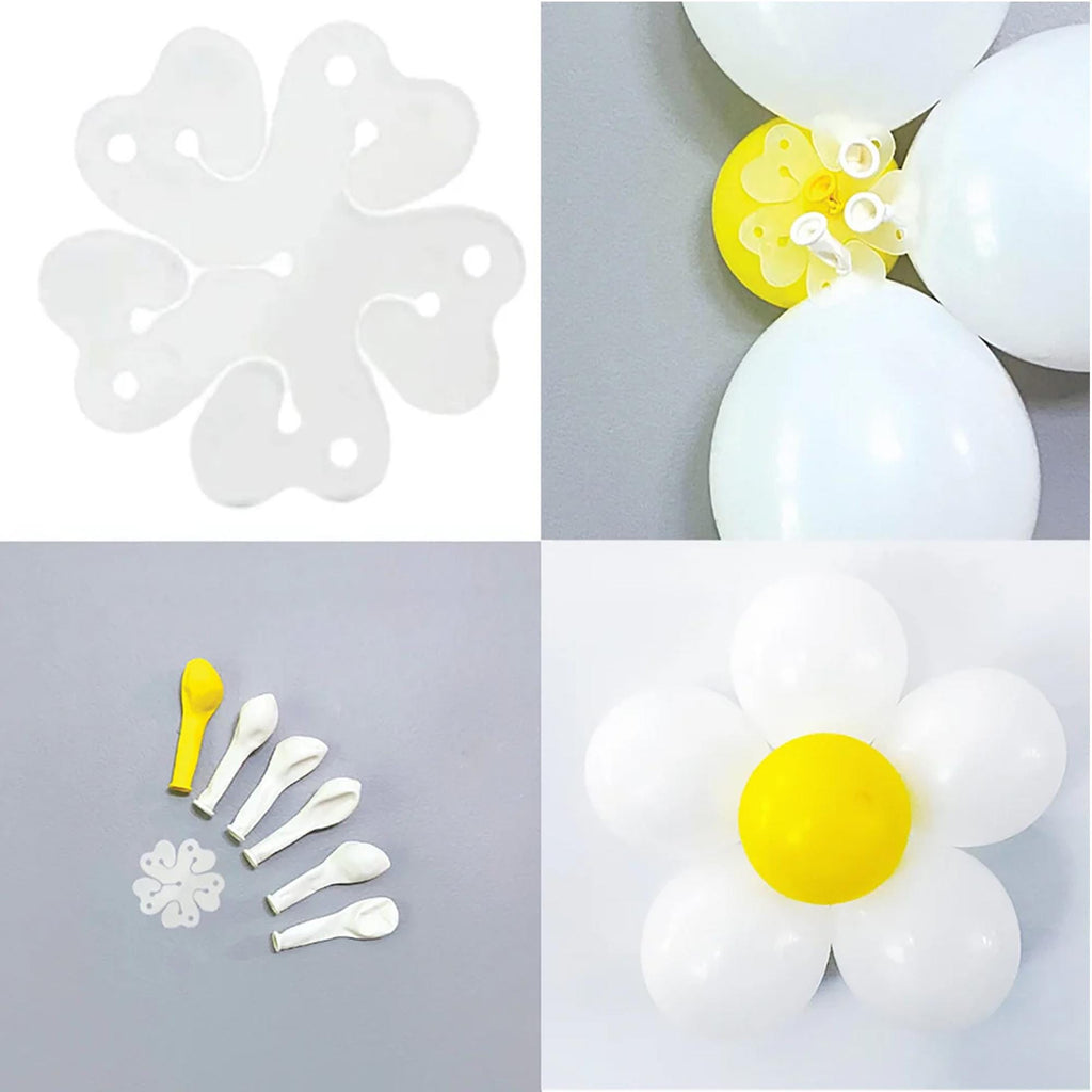 The image is a collage of four photos depicting various stages of creating a flower-shaped balloon. The first photo shows a white balloon with a yellow center, the second photo shows a white balloon with a yellow center, the third photo shows a white balloon with a yellow center, and the fourth photo shows a white balloon with a yellow center.