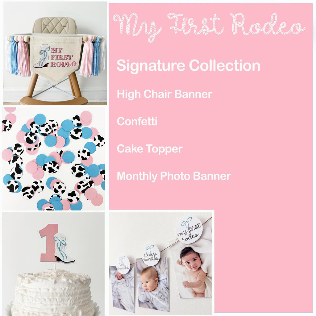 The image is a collage of various baby-related items, including a high chair, a cake topper, confetti, a cake, a photo of a baby, and a sign that says "My First Rodeo".
