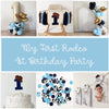 The image is a collage of various elements related to a first birthday party, including balloons, a cake, a high chair, and a baby photo.