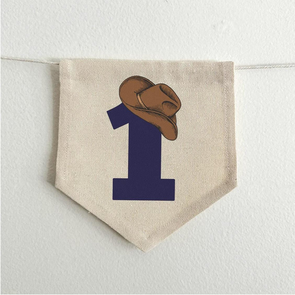 A banner with a cowboy hat and the number 1 printed on it.