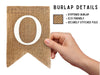 a hand holding a burlap banner with a large white letter "O" on it. The banner is described as "Stiffened Burlap" and "ECO Friendly" and "SECURELY STITCHED FOLD", indicating that it is made from environmentally friendly materials and has been securely stitched.