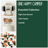 The image is a collage of three different items: a high chair banner, a cake topper, and confetti.