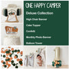 The image is a collage of various items related to a "One Happy Camper" theme, including a high chair, a cake topper, confetti, a photo banner, a balloon tower, and a baby's photo.