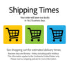 The image is a shipping times advertisement, featuring three shopping carts with different colors and a message about estimated delivery times.