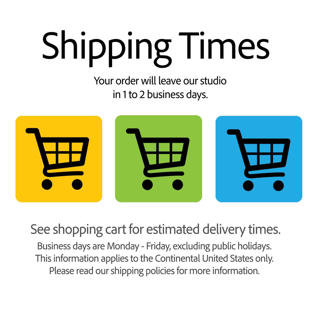 The image is a shipping times advertisement, featuring three shopping carts with different colors and a message about estimated delivery times.