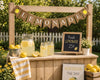 A wooden lemonade stand with a sign that says "Fresh Lemonade 25¢" and a chalkboard sign that says "Squeeze the day". The stand has pitchers of lemonade, lemons, and a potted plant. There is a banner that says "LEMONADE" hanging above the stand.