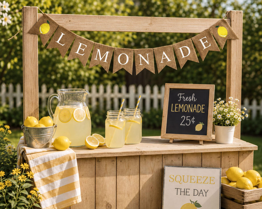 A wooden lemonade stand with a sign that says "Fresh Lemonade 25¢" and a chalkboard sign that says "Squeeze the day". The stand has pitchers of lemonade, lemons, and a potted plant. There is a banner that says "LEMONADE" hanging above the stand.