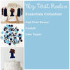 The image is a collage of three different items: a high chair banner, confetti, and a cake topper.