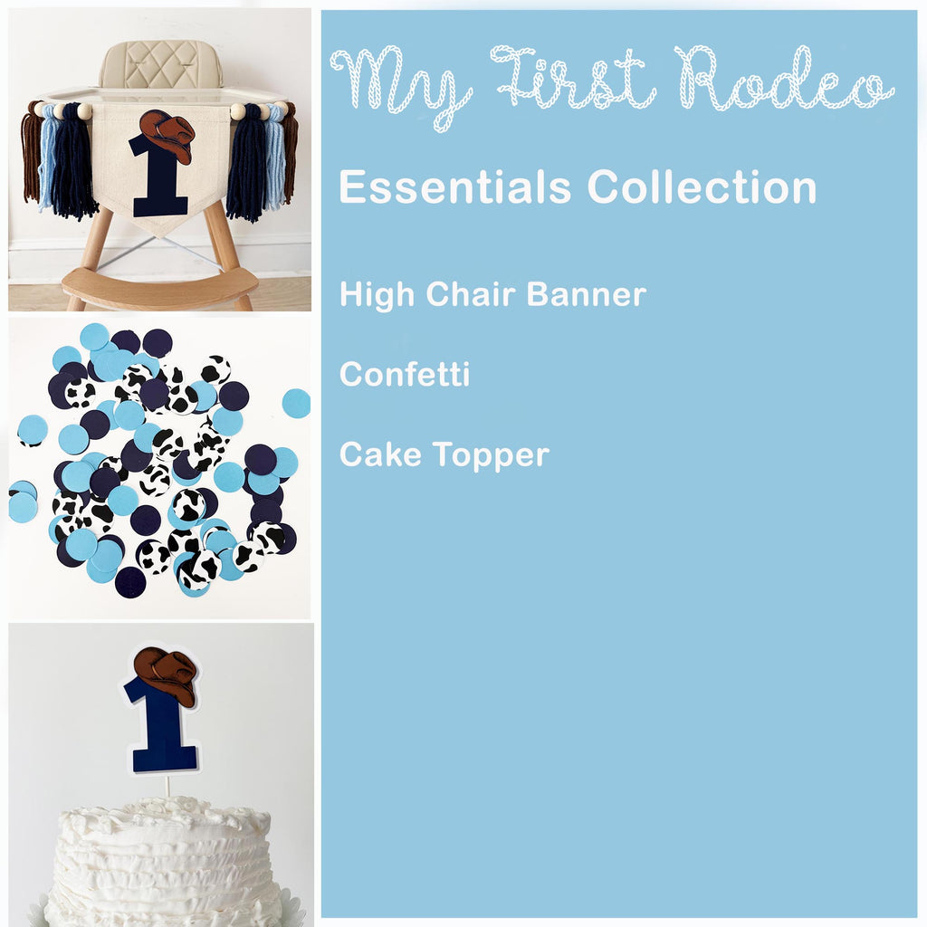The image is a collage of three different items: a high chair banner, confetti, and a cake topper.