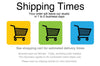The image is a promotional graphic for shipping times, featuring three shopping carts with different colors and a message about shipping times.