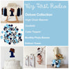 The image is a collage of various baby-themed items, including a high chair, a cake topper, confetti, a cake topper, a photo banner, a balloon tower, and a cake topper.