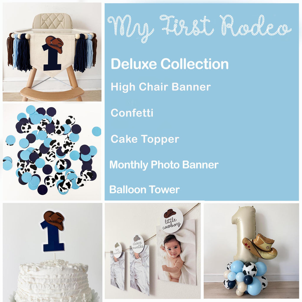 The image is a collage of various baby-themed items, including a high chair, a cake topper, confetti, a cake topper, a photo banner, a balloon tower, and a cake topper.