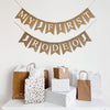 A burlap banner spelling out the words "My First Rodeo" in white letters with white cowgirl boot burlap flags separating the words.