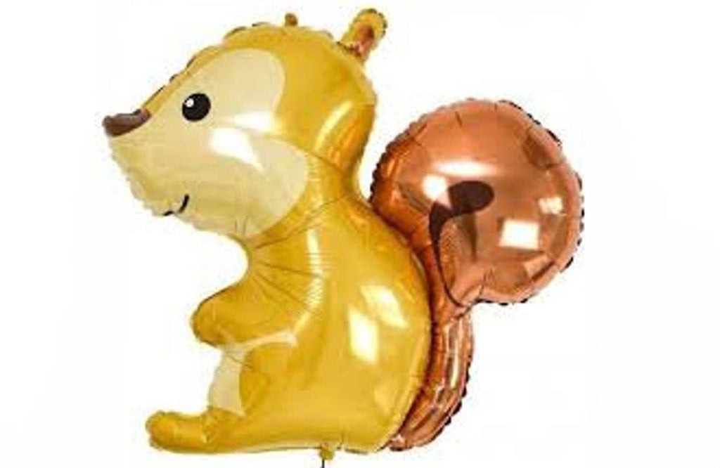 A gold foil balloon in the shape of a squirrel with a copper foil tail.