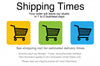 The image is a promotional graphic for shipping times, featuring three shopping carts with different colors and a message about shipping times.