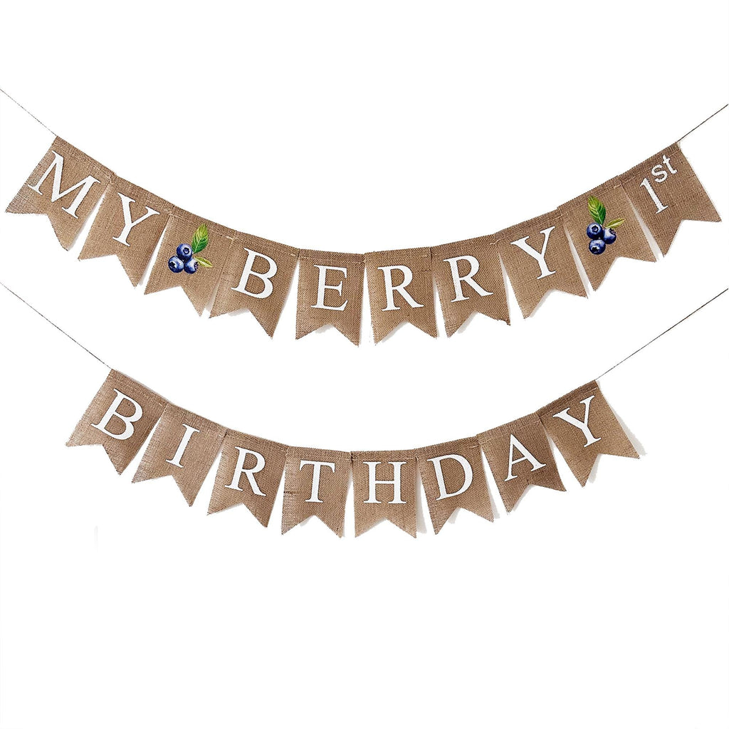 A banner with the text "MY BERRY BIRTHDAY" written on it, along with small blueberry images.