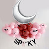 a balloon bouquet with a silver crescent moon and bats, along with the word "SPooky" written on a banner below.
