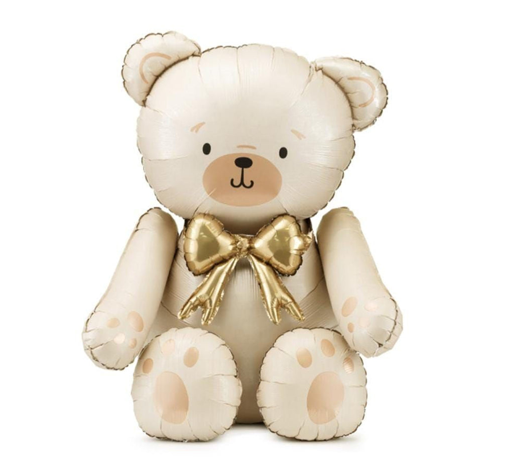 A large, teddy bear balloon with a gold bow tie.