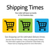 The image is a shipping times advertisement, featuring three shopping carts with different colors and a message about estimated delivery times.
