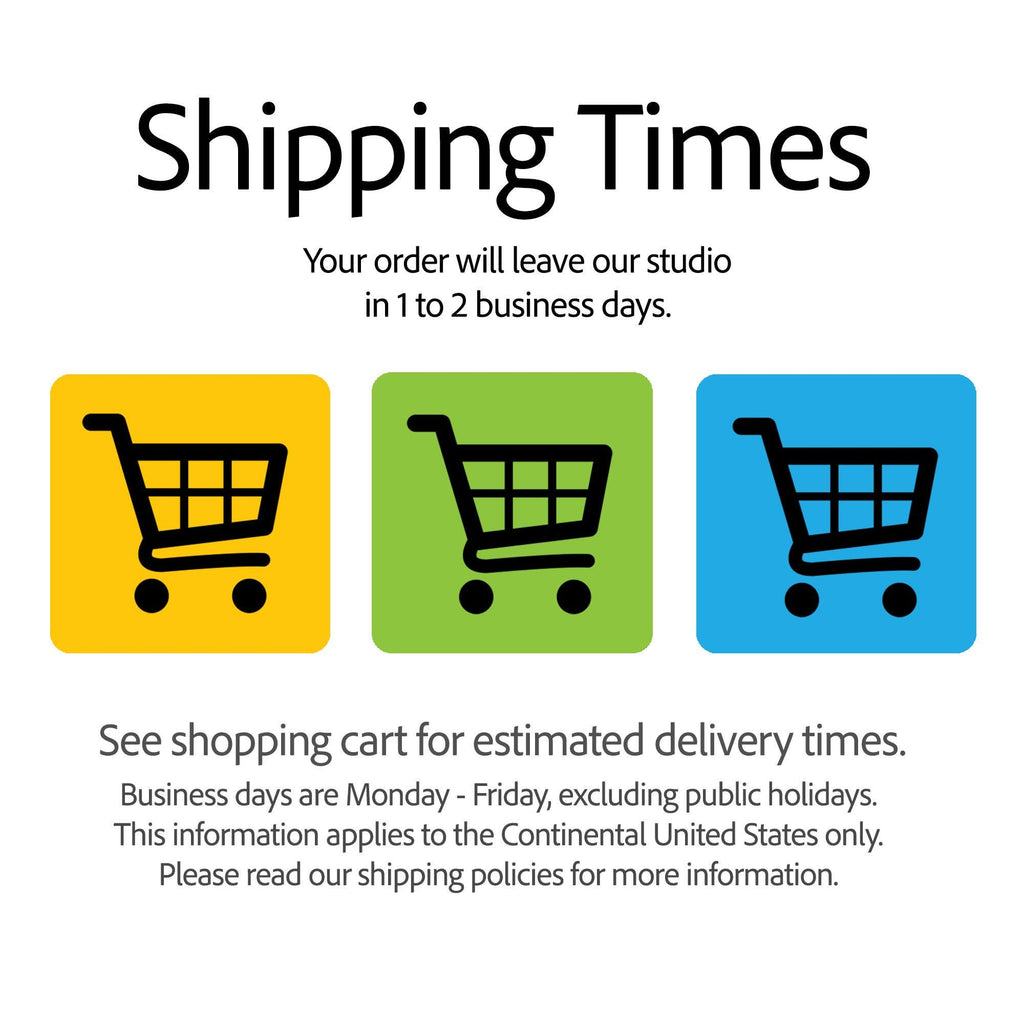 The image is a shipping times advertisement, featuring three shopping carts with different colors and a message about estimated delivery times.