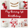 The image is a collage of strawberry first birthday party items, including a cake topper, balloons, confetti, and a banner.