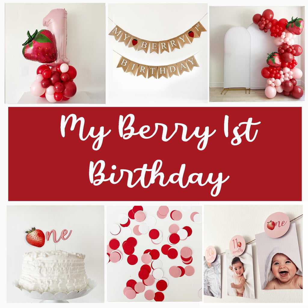 The image is a collage of strawberry first birthday party items, including a cake topper, balloons, confetti, and a banner.