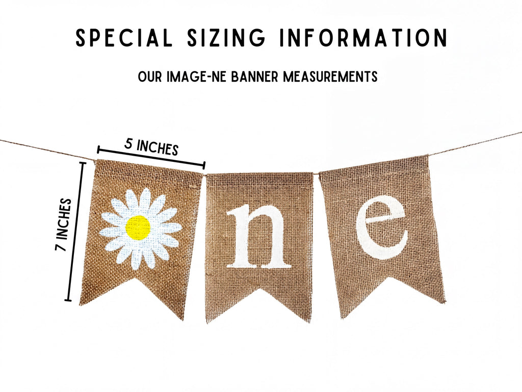 a banner with the word "one" written on it, made of burlap material. The banner is hanging from a string, and there is a measurement scale indicating the banner's size.