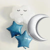 a white cloud balloon with black eyes and a smiling face, two blue star balloons, and a silver crescent moon balloon.