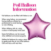 The image is a text-based illustration that provides information about foil balloons. It features a purple foil balloon in the center, accompanied by text that explains how foil balloons can be filled with either helium or air, and how to properly inflate and deflate them.