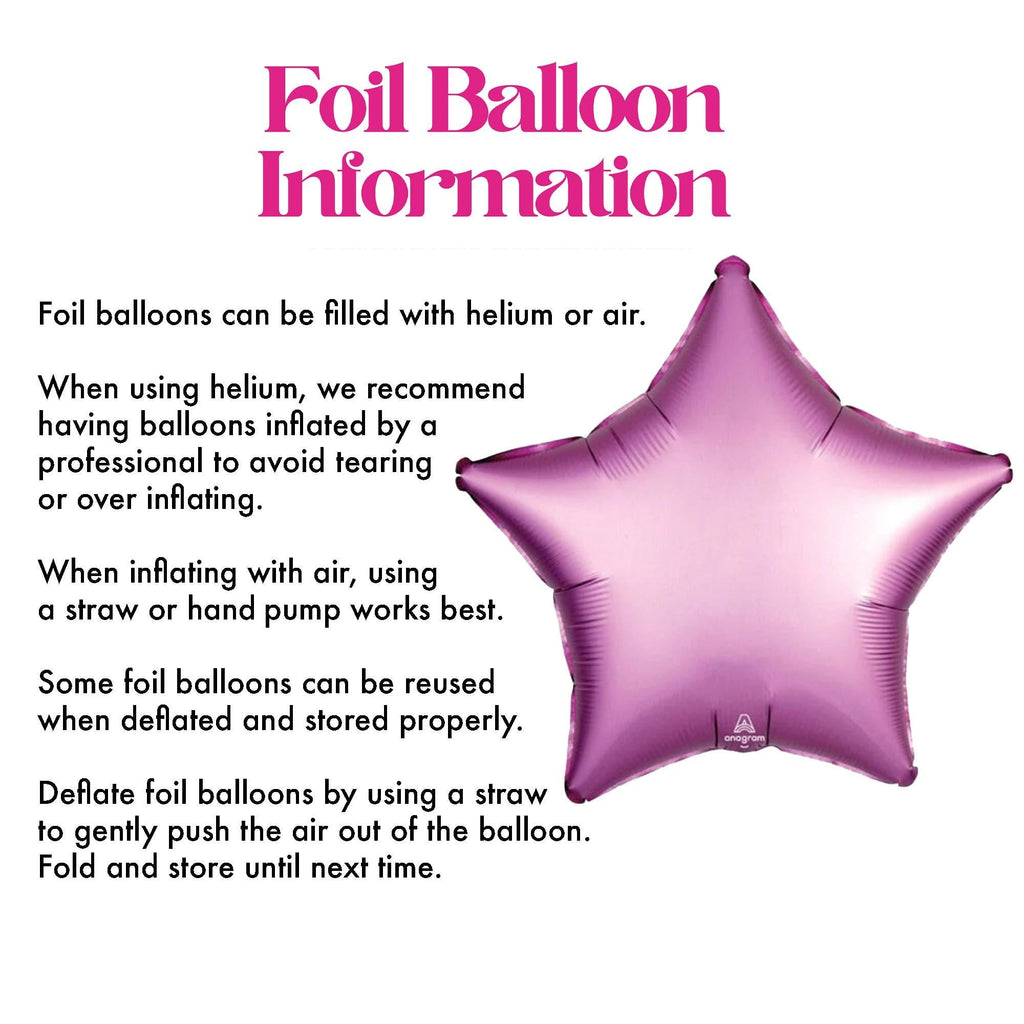 The image is a text-based illustration that provides information about foil balloons. It features a purple foil balloon in the center, accompanied by text that explains how foil balloons can be filled with either helium or air, and how to properly inflate and deflate them.