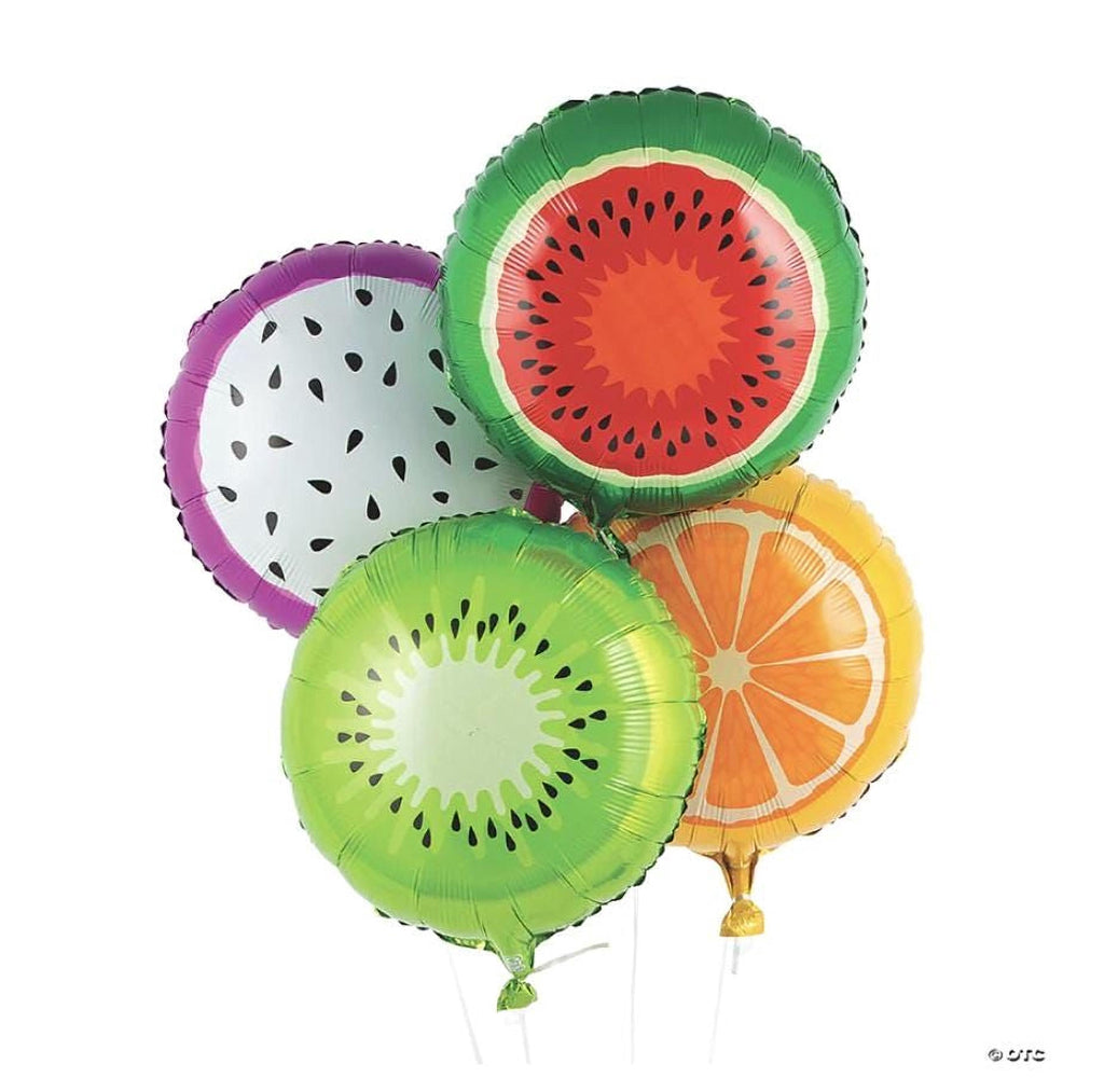A group of colorful foil balloons shaped like various fruits, including watermelon, kiwi, and orange slices.