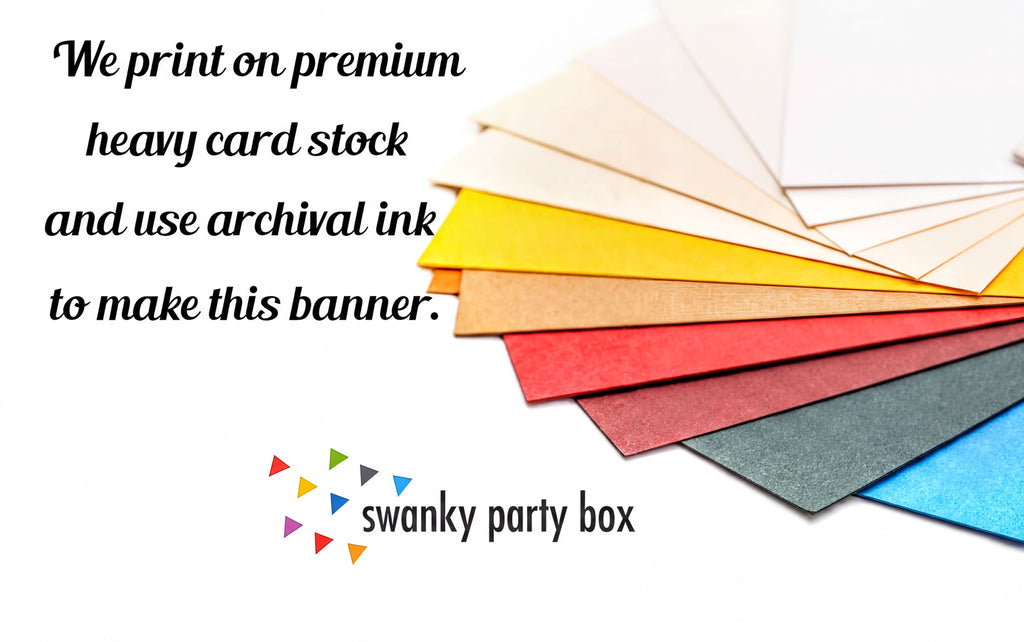 a variety of colorful paper sheets arranged in a fan-like pattern, with a text overlay providing information about using premium heavy card stock and using archival ink to create a banner.