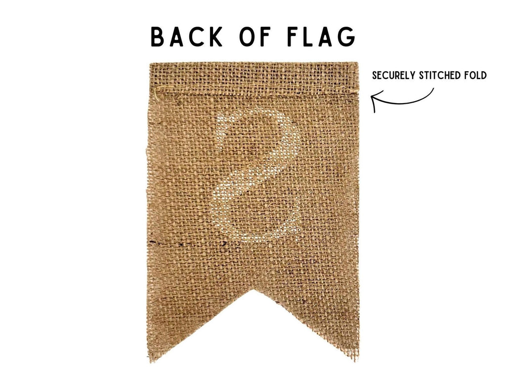 a burlap banner flag on it. The banner is described as "Back of Flag" and "SECURELY STITCHED FOLD", indicating that it is has a fold.