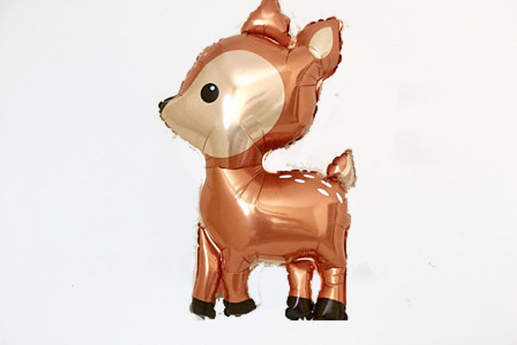 A foil balloon in the shape of a deer, with a shiny, metallic appearance.