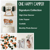The image is a collage of various items related to a "One Happy Camper" theme, including a high chair banner, a cake topper, confetti, a photo banner, and a high chair.