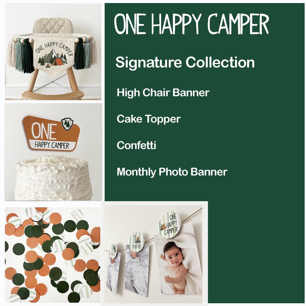 The image is a collage of various items related to a "One Happy Camper" theme, including a high chair banner, a cake topper, confetti, a photo banner, and a high chair.
