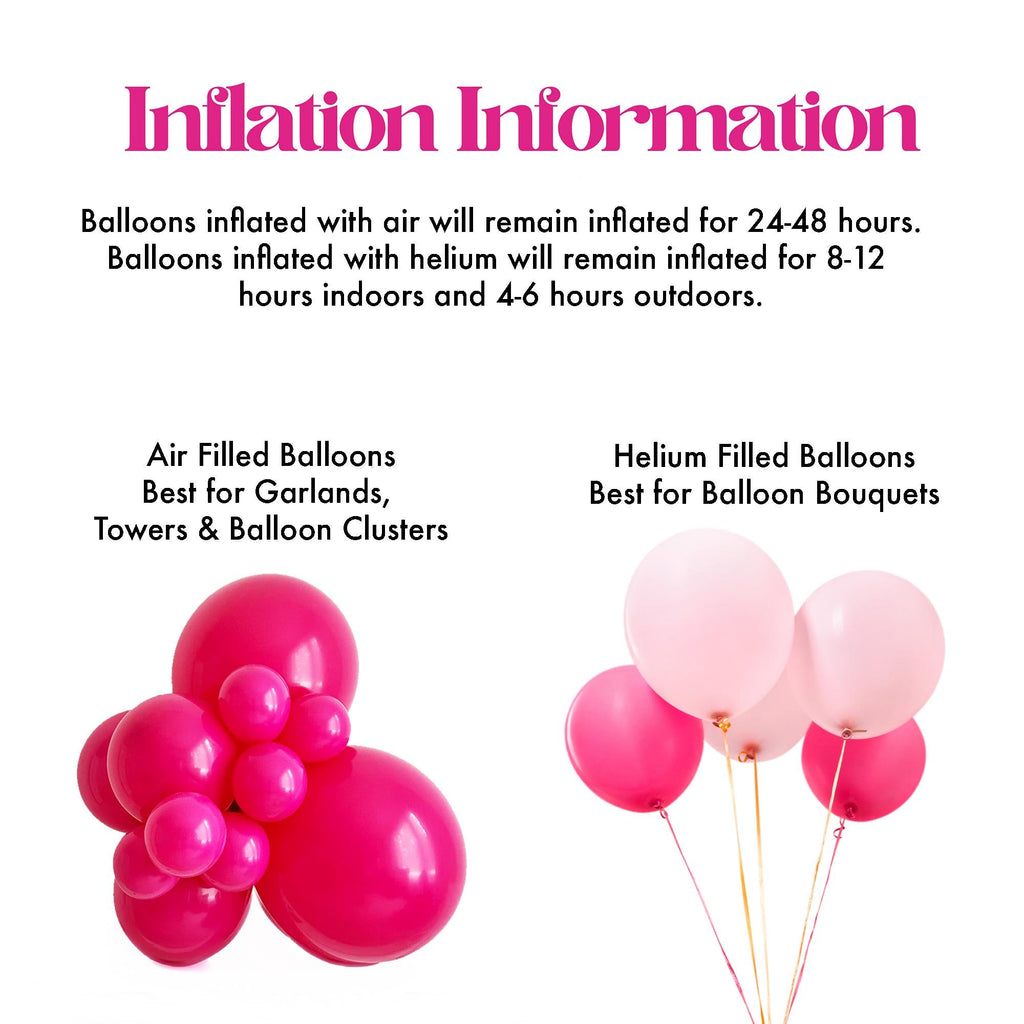 The image is a collage of three images: a group of pink air-filled balloons, a group of pink Helium-filled balloons, and a group of pink Helium-filled balloons clustered together.
