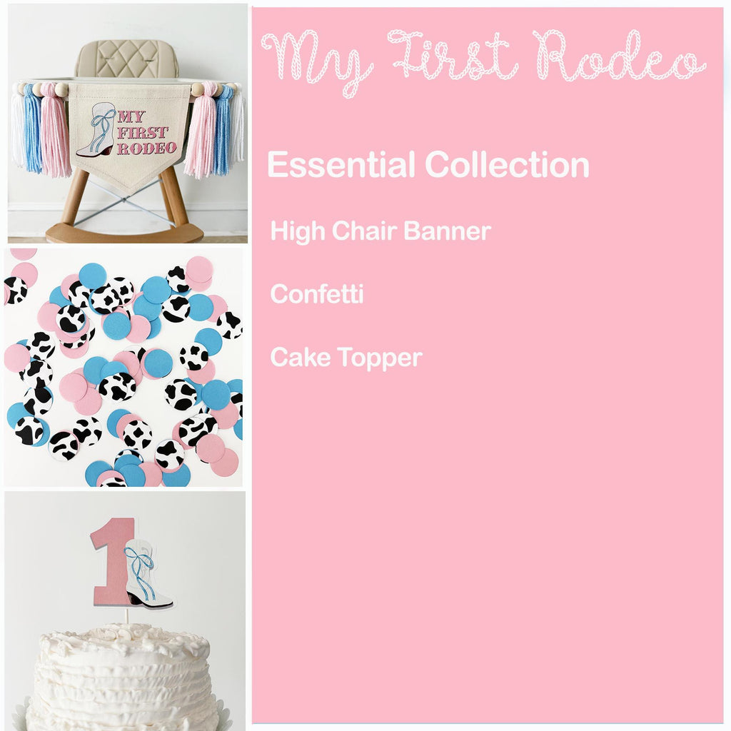 The image is a collage of three different items: a high chair banner, confetti, and a cake topper.