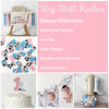 The image is a collage of various baby-related items, including a high chair, confetti, a cake topper, a photo banner, a balloon tower, and a cake topper.