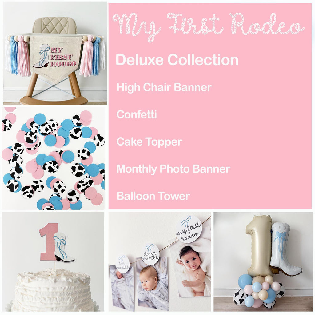 The image is a collage of various baby-related items, including a high chair, confetti, a cake topper, a photo banner, a balloon tower, and a cake topper.