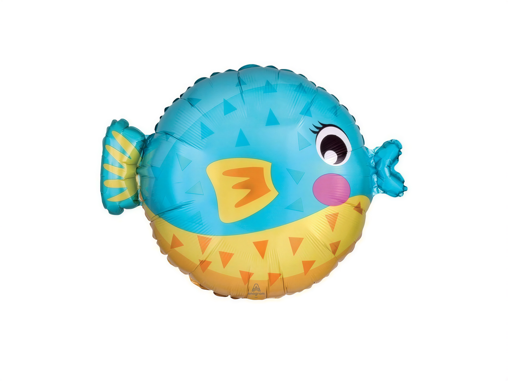 A blue and yellow fish balloon with a pink nose and a yellow fin.