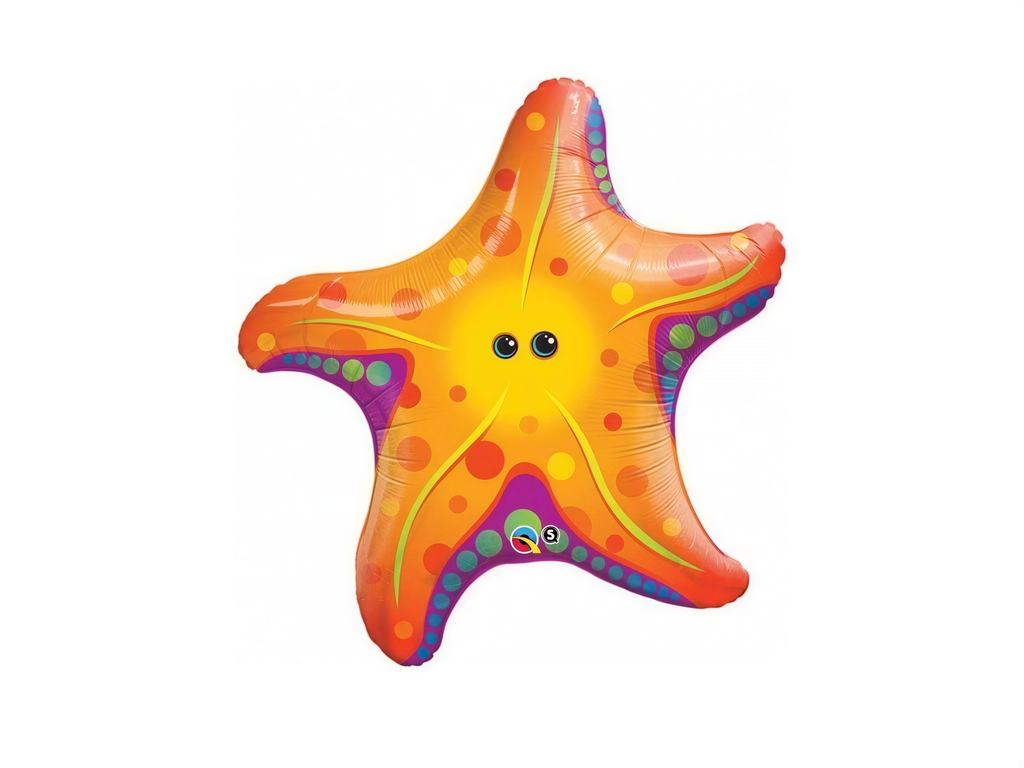 A colorful, cartoonish starfish balloon with a playful expression.