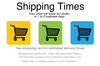 The image is a promotional graphic for shipping times, featuring three shopping carts with different colors and a message about shipping times.