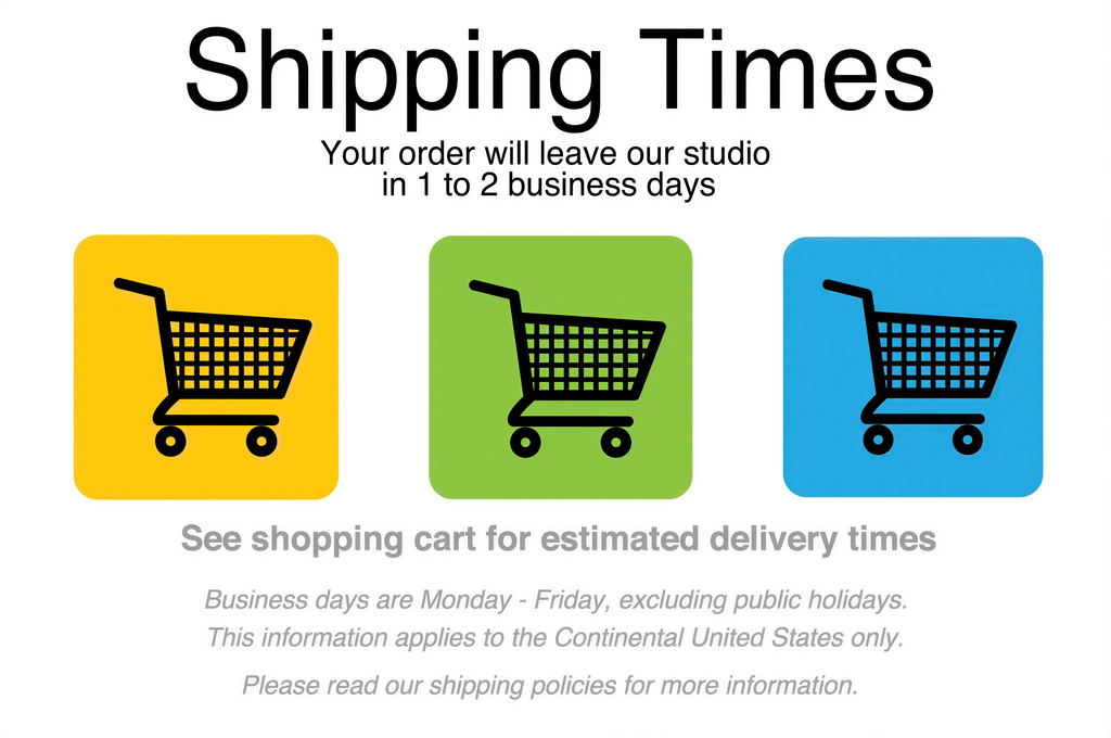 The image is a promotional graphic for shipping times, featuring three shopping carts with different colors and a message about shipping times.