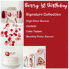 The image is a collage of various items related to a berry 1st birthday celebration, including a high chair banner, confetti, a cake topper, a cake, a photo, and a cake topper.
