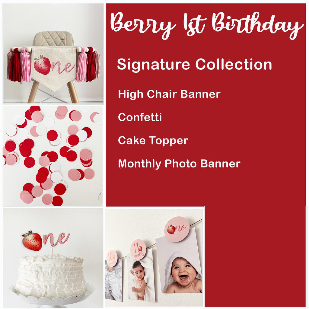 The image is a collage of various items related to a berry 1st birthday celebration, including a high chair banner, confetti, a cake topper, a cake, a photo, and a cake topper.